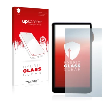 Parte frontal de un envase de producto con el logotipo de la marca upscreen. Al lado se muestra el dispositivo iBasso DX240 co
