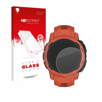Parte frontal de un envase de producto con el logotipo de la marca upscreen. Al lado se muestra el dispositivo Garmin Instinct