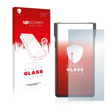 Parte frontal de un envase de producto con el logotipo de la marca upscreen. Al lado se muestra el dispositivo Sony Walkman NW