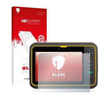 Parte frontal de un envase de producto con el logotipo de la marca upscreen. Al lado se muestra el dispositivo Trimble T7 con 