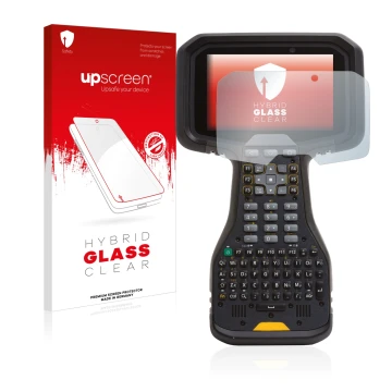 Parte frontal de un envase de producto con el logotipo de la marca upscreen. Al lado se muestra el dispositivo Trimble TSC5 co
