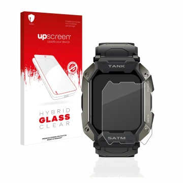 Parte frontal de un envase de producto con el logotipo de la marca upscreen. Al lado se muestra el dispositivo Kospet Tank M1 