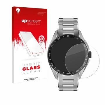 Parte frontal de un envase de producto con el logotipo de la marca upscreen. Al lado se muestra el dispositivo TAG Heuer Conne