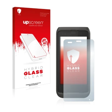 Parte frontal de un envase de producto con el logotipo de la marca upscreen. Al lado se muestra el dispositivo Honeywell CT45 