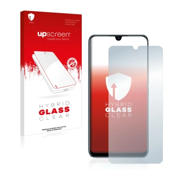 Parte frontal de un envase de producto con el logotipo de la marca upscreen. Al lado se muestra el dispositivo Vivo V20 SE con