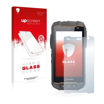 Parte frontal de un envase de producto con el logotipo de la marca upscreen. Al lado se muestra el dispositivo i.safe MOBILE I