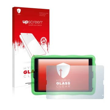 Parte frontal de un envase de producto con el logotipo de la marca upscreen. Al lado se muestra el dispositivo MEDION Lifetab 