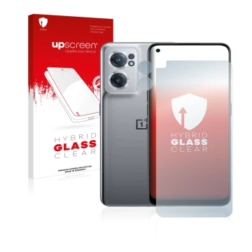 Parte frontal de un envase de producto con el logotipo de la marca upscreen. Al lado se muestra el dispositivo OnePlus Nord CE