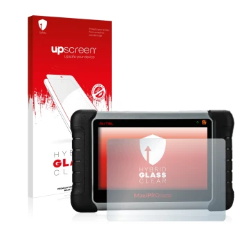 Parte frontal de un envase de producto con el logotipo de la marca upscreen. Al lado se muestra el dispositivo Autel MaxiPRO M
