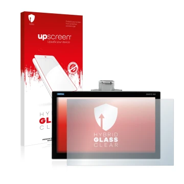 Parte frontal de un envase de producto con el logotipo de la marca upscreen. Al lado se muestra el dispositivo Siemens Simatic