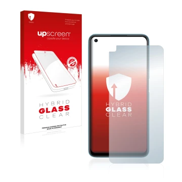 Parte frontal de un envase de producto con el logotipo de la marca upscreen. Al lado se muestra el dispositivo Oppo A76 con su