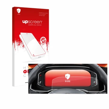Parte frontal de un envase de producto con el logotipo de la marca upscreen. Al lado se muestra el dispositivo Volkswagen Polo