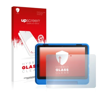 Parte frontal de un envase de producto con el logotipo de la marca upscreen. Al lado se muestra el dispositivo Amazon Fire HD 