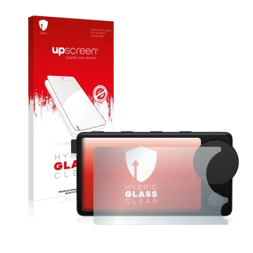 Parte frontal de un envase de producto con el logotipo de la marca upscreen. Al lado se muestra el dispositivo Spotify Car Thi