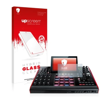 Parte frontal de un envase de producto con el logotipo de la marca upscreen. Al lado se muestra el dispositivo Akai MPC X 10.1
