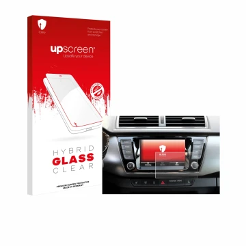 Parte frontal de un envase de producto con el logotipo de la marca upscreen. Al lado se muestra el dispositivo Skoda Fabia 3 C