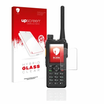 Parte frontal de un envase de producto con el logotipo de la marca upscreen. Al lado se muestra el dispositivo Hytera HP785 co