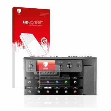 Parte frontal de un envase de producto con el logotipo de la marca upscreen. Al lado se muestra el dispositivo Line 6 Helix Fl