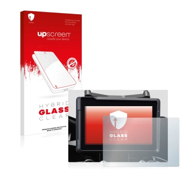 Parte frontal de un envase de producto con el logotipo de la marca upscreen. Al lado se muestra el dispositivo KTM 1290 Super 