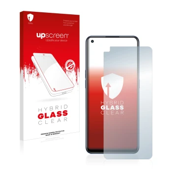 Parte frontal de un envase de producto con el logotipo de la marca upscreen. Al lado se muestra el dispositivo Oppo Find X5 Li