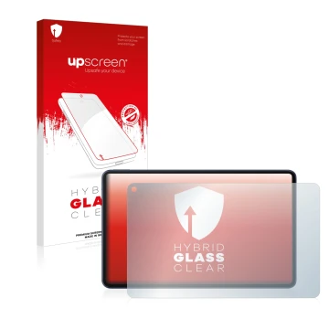 Parte frontal de un envase de producto con el logotipo de la marca upscreen. Al lado se muestra el dispositivo Huawei MatePad 