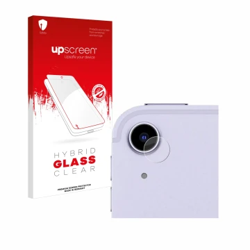 Parte frontal de un envase de producto con el logotipo de la marca upscreen. Al lado se muestra el dispositivo Apple iPad Air 
