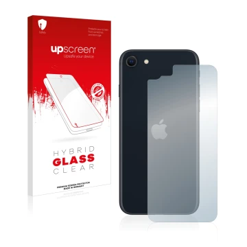 Parte frontal de un envase de producto con el logotipo de la marca upscreen. Al lado se muestra el dispositivo Apple iPhone SE