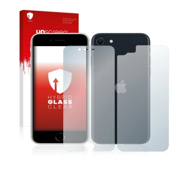 Parte frontal de un envase de producto con el logotipo de la marca upscreen. Al lado se muestra el dispositivo Apple iPhone SE