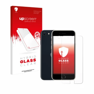 Parte frontal de un envase de producto con el logotipo de la marca upscreen. Al lado se muestra el dispositivo Apple iPhone SE