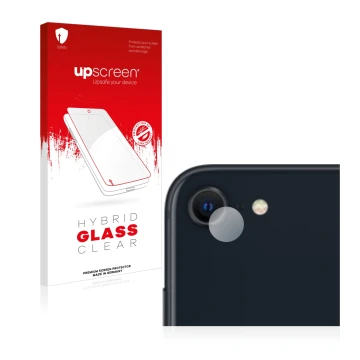 Parte frontal de un envase de producto con el logotipo de la marca upscreen. Al lado se muestra el dispositivo Apple iPhone SE