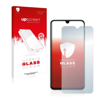 Parte frontal de un envase de producto con el logotipo de la marca upscreen. Al lado se muestra el dispositivo Samsung Galaxy 