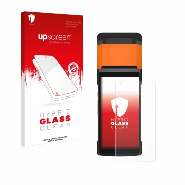 Parte frontal de un envase de producto con el logotipo de la marca upscreen. Al lado se muestra el dispositivo Sunmi V2s con s