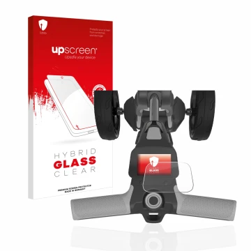 Parte frontal de un envase de producto con el logotipo de la marca upscreen. Al lado se muestra el dispositivo PowaKaddy FX5 2