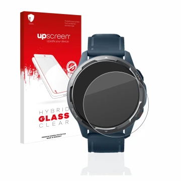 Parte frontal de un envase de producto con el logotipo de la marca upscreen. Al lado se muestra el dispositivo Xiaomi Watch S1