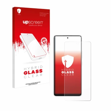 Parte frontal de un envase de producto con el logotipo de la marca upscreen. Al lado se muestra el dispositivo Samsung Galaxy 