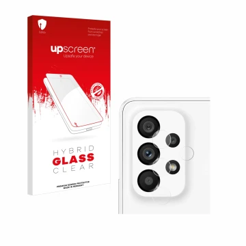 Parte frontal de un envase de producto con el logotipo de la marca upscreen. Al lado se muestra el dispositivo Samsung Galaxy 