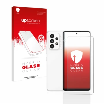 Parte frontal de un envase de producto con el logotipo de la marca upscreen. Al lado se muestra el dispositivo Samsung Galaxy 