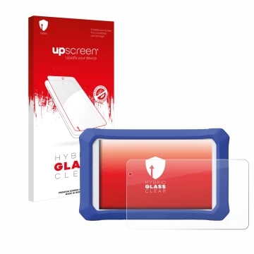 Parte frontal de un envase de producto con el logotipo de la marca upscreen. Al lado se muestra el dispositivo Clementoni Clem