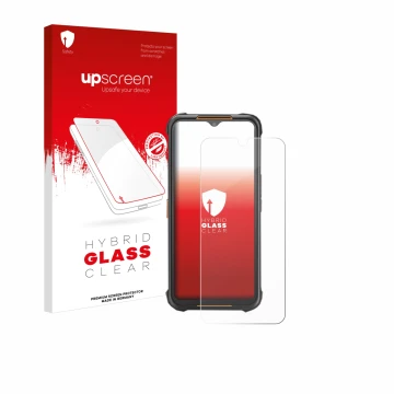 Parte frontal de un envase de producto con el logotipo de la marca upscreen. Al lado se muestra el dispositivo AGM H5 con su p