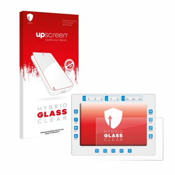 Parte frontal de un envase de producto con el logotipo de la marca upscreen. Al lado se muestra el dispositivo Megasat HD7 Com