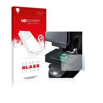 Parte frontal de un envase de producto con el logotipo de la marca upscreen. Al lado se muestra el dispositivo Keyence IM-7030