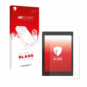 Parte frontal de un envase de producto con el logotipo de la marca upscreen. Al lado se muestra el dispositivo Boox Nova Air C