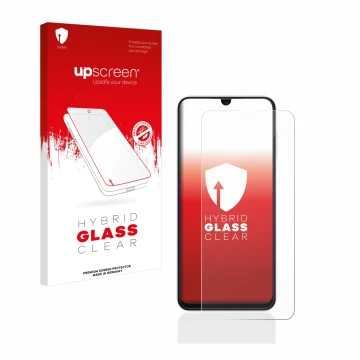 Parte frontal de un envase de producto con el logotipo de la marca upscreen. Al lado se muestra el dispositivo Samsung Galaxy 