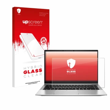 Parte frontal de un envase de producto con el logotipo de la marca upscreen. Al lado se muestra el dispositivo HP EliteBook 84