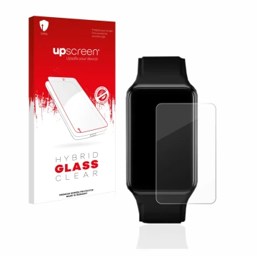 Parte frontal de un envase de producto con el logotipo de la marca upscreen. Al lado se muestra el dispositivo Oppo Watch Free