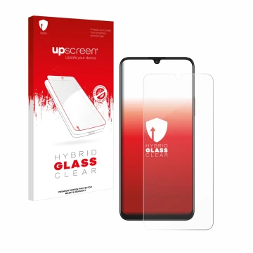 Parte frontal de un envase de producto con el logotipo de la marca upscreen. Al lado se muestra el dispositivo Honor X7 con su