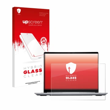 Parte frontal de un envase de producto con el logotipo de la marca upscreen. Al lado se muestra el dispositivo Framework Lapto