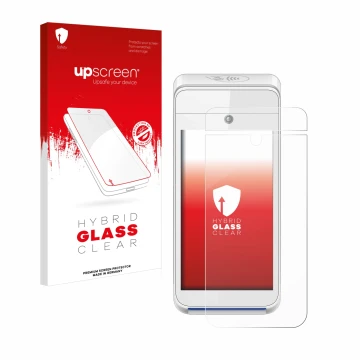 Parte frontal de un envase de producto con el logotipo de la marca upscreen. Al lado se muestra el dispositivo Pax A920 con su