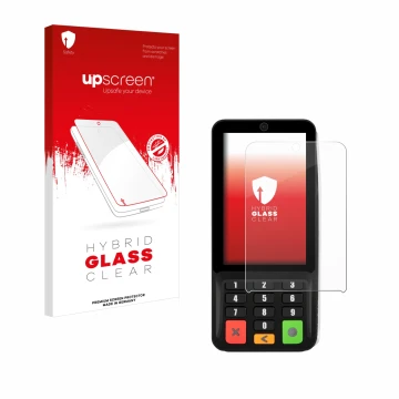 Parte frontal de un envase de producto con el logotipo de la marca upscreen. Al lado se muestra el dispositivo Pax A35 con su 