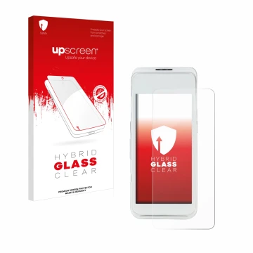 Parte frontal de un envase de producto con el logotipo de la marca upscreen. Al lado se muestra el dispositivo Pax A920 Pro co
